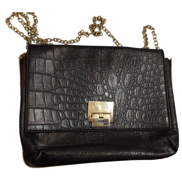 Crossbody Shoulder Bag-Forever 21 Black-Croc OrSnake Skin Desgn-Chain Brass Trim - Picture 1 of 7